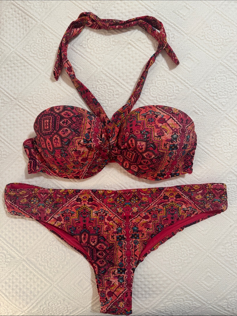 Oysho 2 Piece Bikini Swimsuit Red Multi Color Size Medium Cheeky